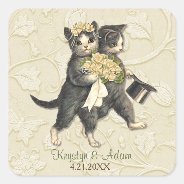Pegatina Cuadrada Posh Cats Boda Ivory (Anverso)