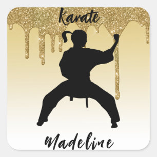Pegatina Cuadrada Posición de Karate para Niñas Dorado Brillo Goteo 