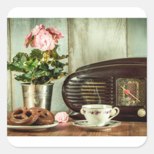 Pegatina Cuadrada Posposición de reloj de Pretzel Tea Rosa
