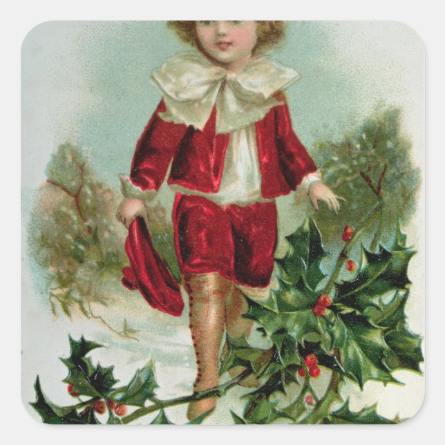 Pegatina Cuadrada Postal de Navidades victorianos que representa a u (Anverso)