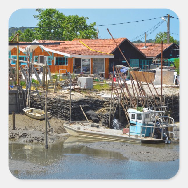 Pegatina Cuadrada Postales de Puerto La Teste de Buch en Francia (Anverso)