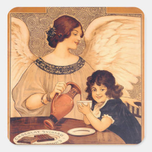 Pegatina Cuadrada Póster Antiguo del Ángel de Chocolate Francés: Art