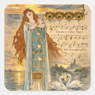 Pegatina Cuadrada Póster Art Nouveau Elsa Lohengrin con cisnes