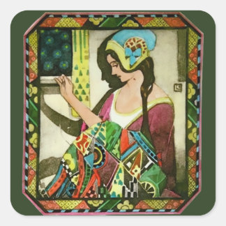 Pegatina Cuadrada Póster de colchonera Art Nouveau - Mujer de costur