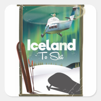 Pegatina Cuadrada Poster de esquí de época de Islandia