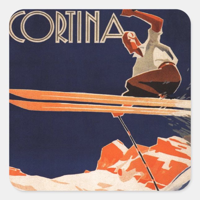 Pegatina Cuadrada Poster de esquí de época, Ski Cortina, Italia (Anverso)