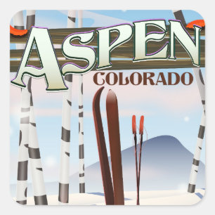 Pegatina Cuadrada Poster de esquí de estilo vintage Aspen Colorado.