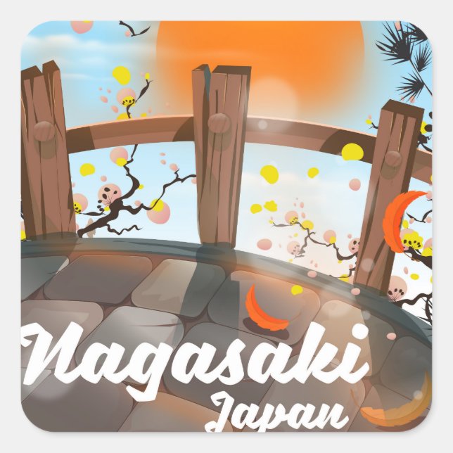 Pegatina Cuadrada Póster de flor japonesa de Nagasaki. (Anverso)