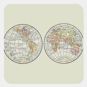 Pegatina Cuadrada Póster de Globo de Mapa Mundial de 1916 Vintage He