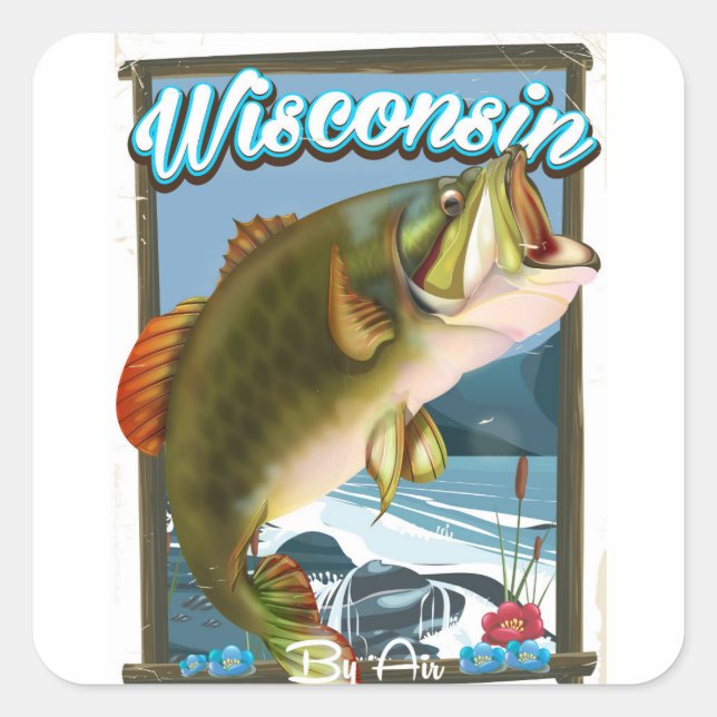 Pegatina Cuadrada Poster de pesca del Estado de Wisconsin (Anverso)
