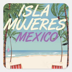 Pegatina Cuadrada Póster de playa Isla Mujeres México