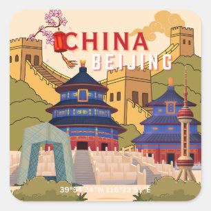 Pegatina Cuadrada Póster de viaje a Pekín, China Arte mural de ciu