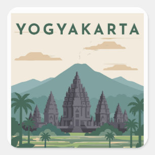 Pegatina Cuadrada Póster de viaje a Yogyakarta Indonesia