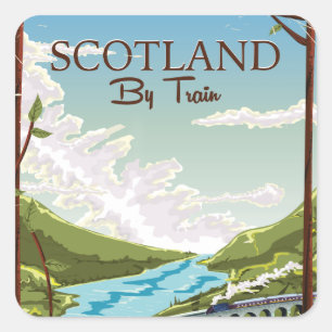 Pegatina Cuadrada Póster de viaje de Escocia en locomotora de tren