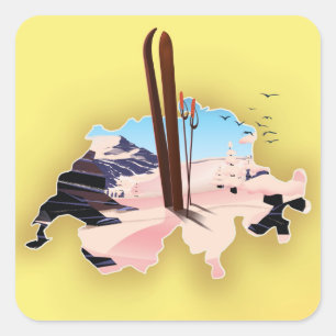 Pegatina Cuadrada Póster de viaje de esquí del mapa de Suiza.