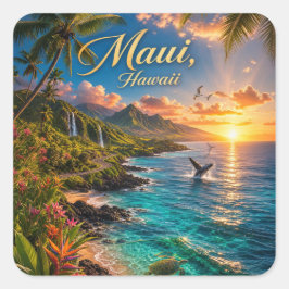 Pegatina Cuadrada Póster de viaje de la costa tropical de Maui Hawai