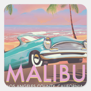 Pegatina Cuadrada Póster de viaje de Malibú, Los Ángeles, California