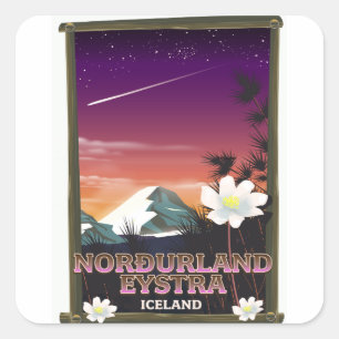 Pegatina Cuadrada Póster de viaje de Norðurland eystra Islandia