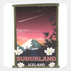 Pegatina Cuadrada Póster de viaje de Suðurland Islandia