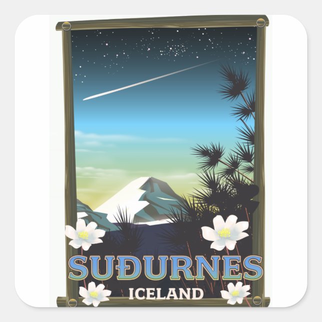 Pegatina Cuadrada Póster de viaje de Suðurnes Islandia (Anverso)