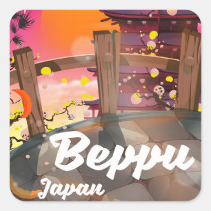 Pegatina Cuadrada Póster de viaje japonés Beppu
