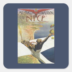 Pegatina Cuadrada Póster de viaje vintage, avión sobre Niza Francia
