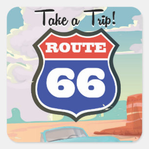Pegatina Cuadrada Póster de viaje vintage de la Ruta 66