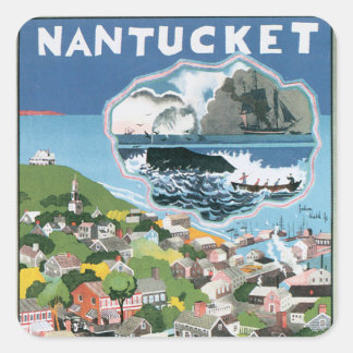 Pegatina Cuadrada Póster de viaje vintage, mapa de la isla de Nantuc