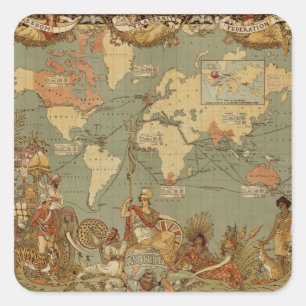 Pegatina Cuadrada Póster del mapa mundial del Imperio Británico de 1