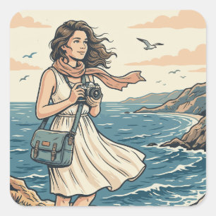 Pegatina Cuadrada Póster Ilustrado de Fotografía de Viajes Costeros 