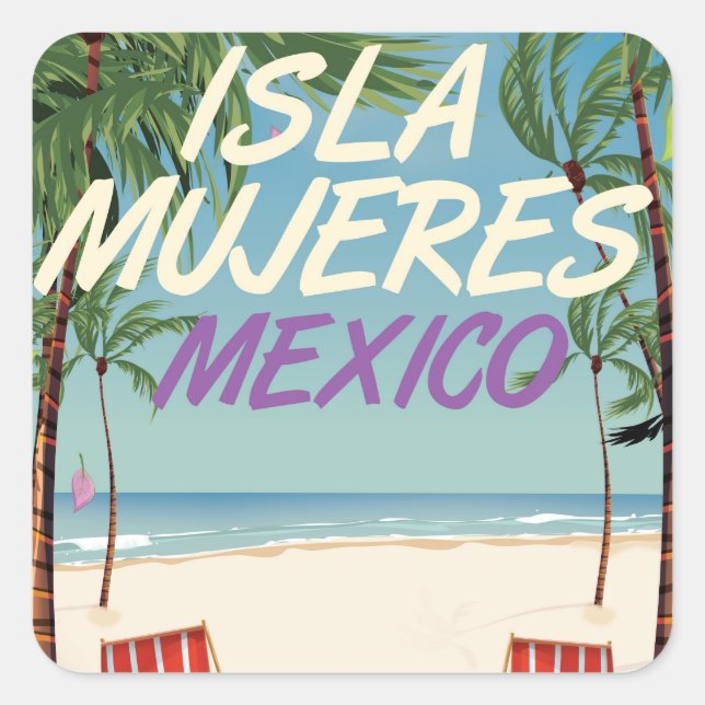 Pegatina Cuadrada Poster Playa Isla Mujeres México (Anverso)
