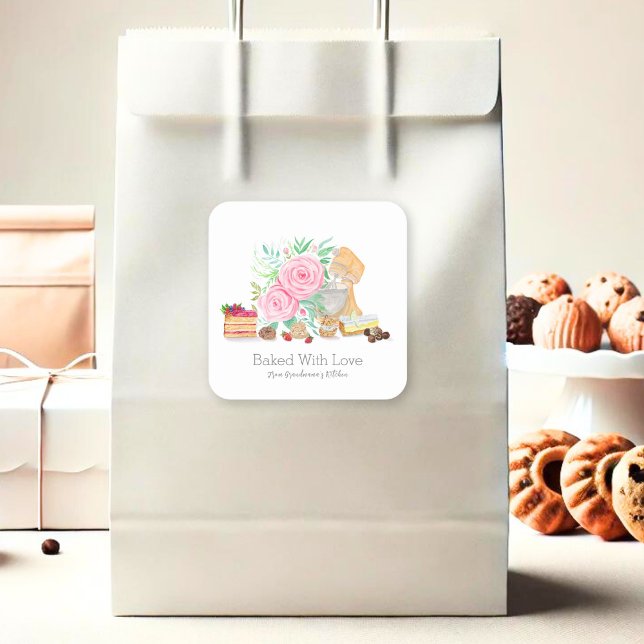 Pegatina Cuadrada Postres Con Mezclador Y Rosas Horneados Con Amor (Subido por el creador)