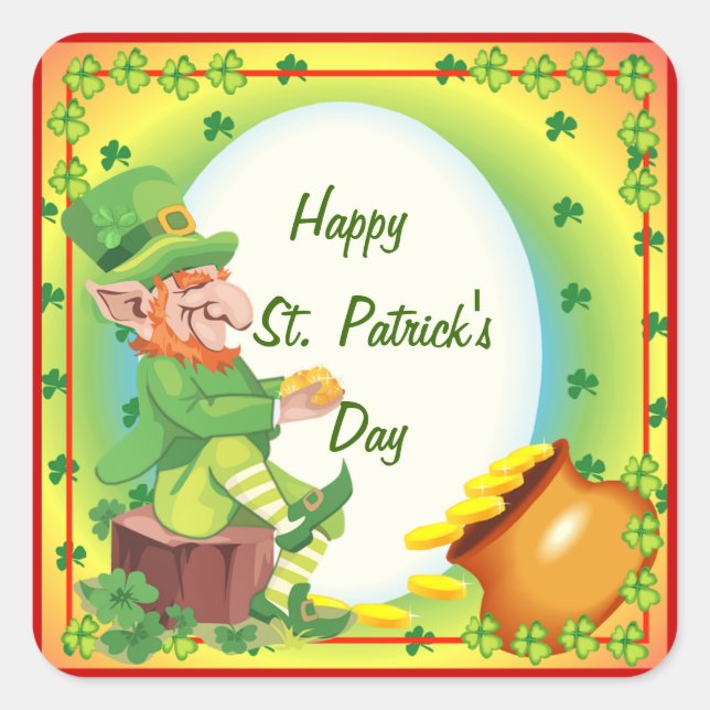 Pegatina Cuadrada Pote de oro de Leprechaun de Irlanda (Anverso)