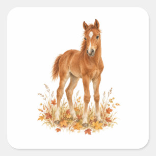 Pegatina Cuadrada Potro de caballo castaño en prado otoñal