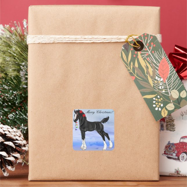 Pegatina Cuadrada Potro de caballo de tiro negro Navidad (Vacaciones)