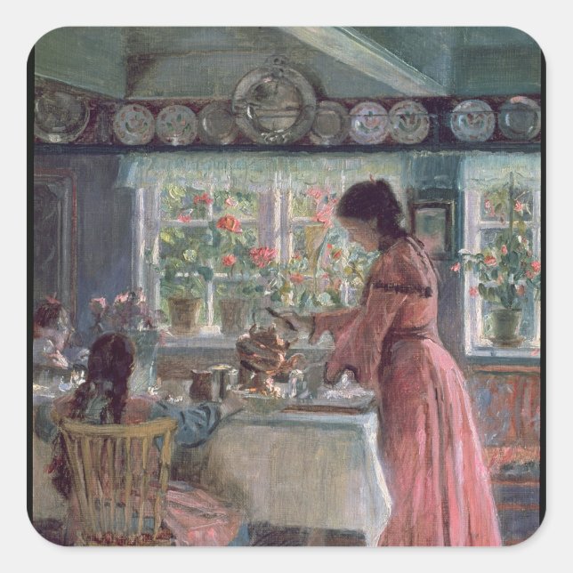 Pegatina Cuadrada Pouring the Morning Coffee, 1906 (Anverso)