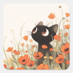 Pegatina Cuadrada Pradera de Amapola Gato Negro