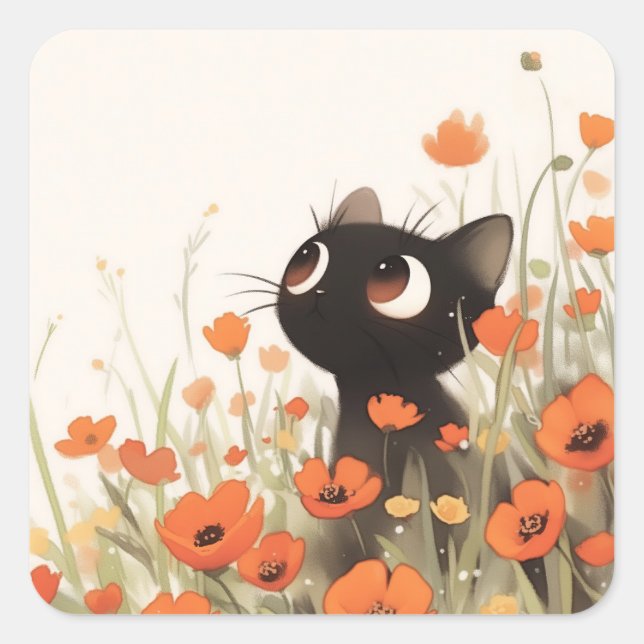 Pegatina Cuadrada Pradera de Amapola Gato Negro (Anverso)