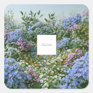 Pegatina Cuadrada Pradera Silvestre de Azul y Naranja Elegante Vinca