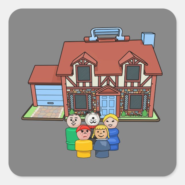 Pegatina Cuadrada Precio De Pescador Pequeña Familia Con Casa De Tud (Anverso)