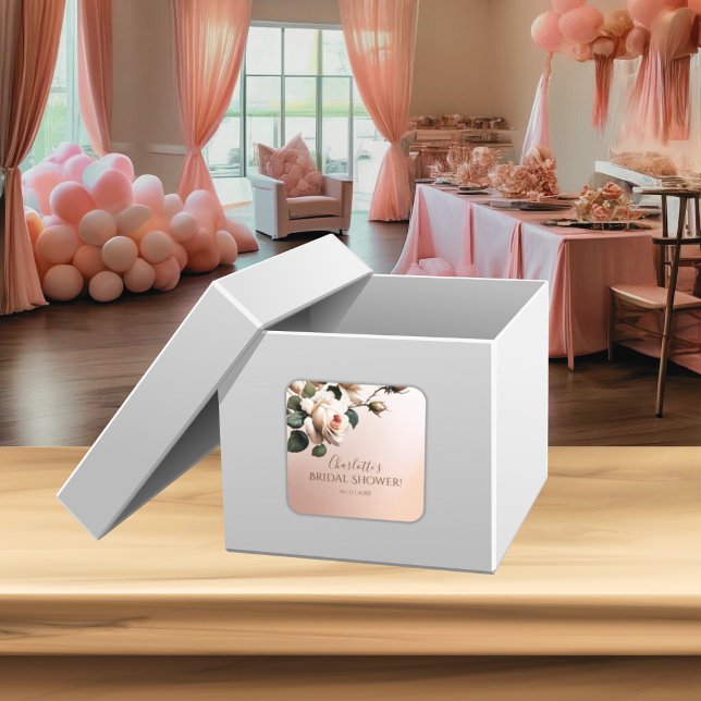 Pegatina Cuadrada Precioso Chorro de Rosa Beige Rosa al Aceite Despe (Bridal Shower Square Sticker)