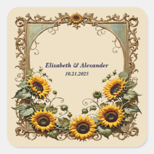 Pegatina Cuadrada Precioso girasol amarillo boda elegante 