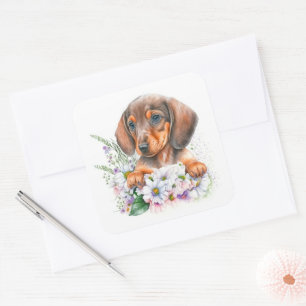 Pegatina Cuadrada Precioso perro salchicha cachorro floral acuarela