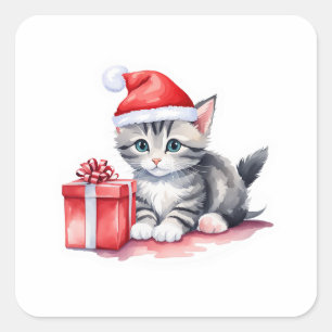 Pegatina Cuadrada Precioso Santa Kitten gris y blanco