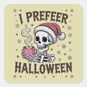 Pegatina Cuadrada Prefiero Halloween Espeluznante Navidad Esqueleto 