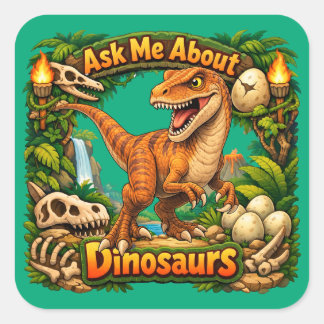Pegatina Cuadrada Pregúntame sobre dinosaurios, Velociraptor | Pegat