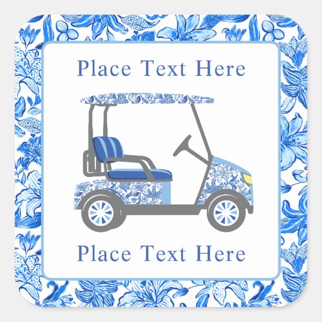 Pegatina Cuadrada Preppy Blue & White Flowers Golf Cart (Anverso)
