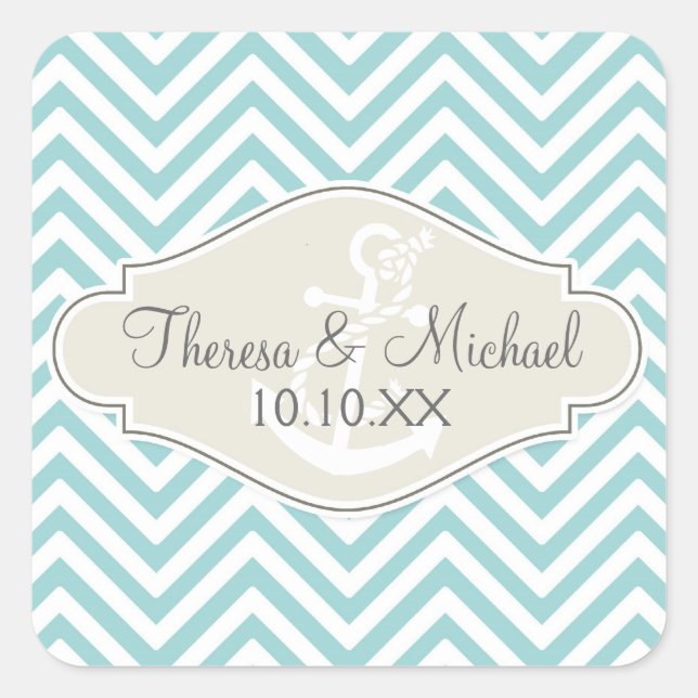 Pegatina Cuadrada Preppy Chevron Stripe Modern Monogramed Name (Anverso)