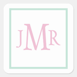Pegatina Cuadrada Preppy verde menta y monograma rosa