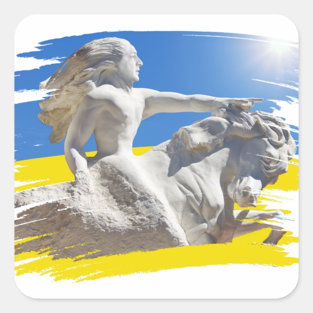 Pegatina Cuadrada Presidente guerrero de Ucrania Zelenskyy y bandera (Anverso)